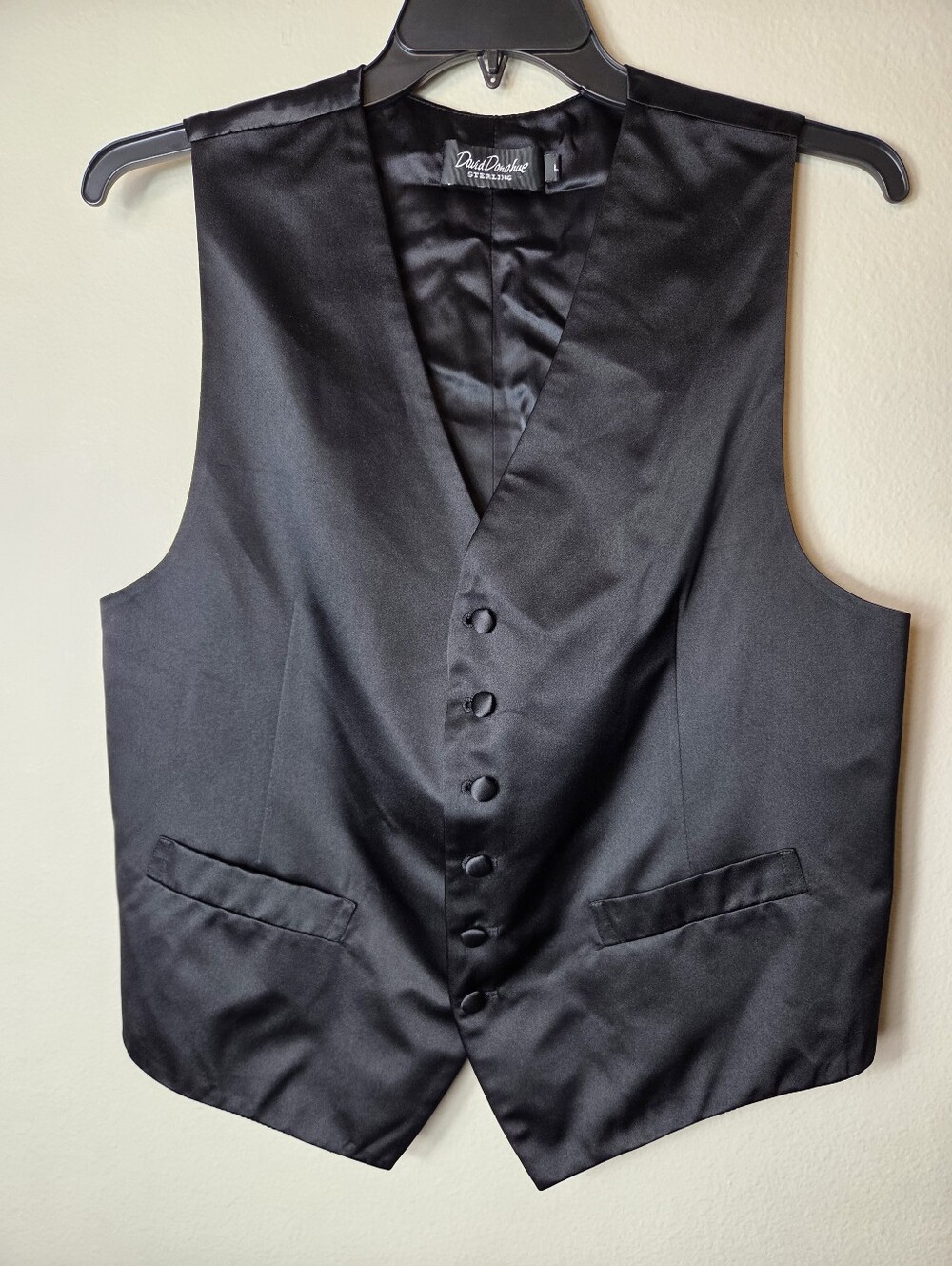 David Donahue Sterling 100% Silk Vest L Solid Black USA Made Vintage